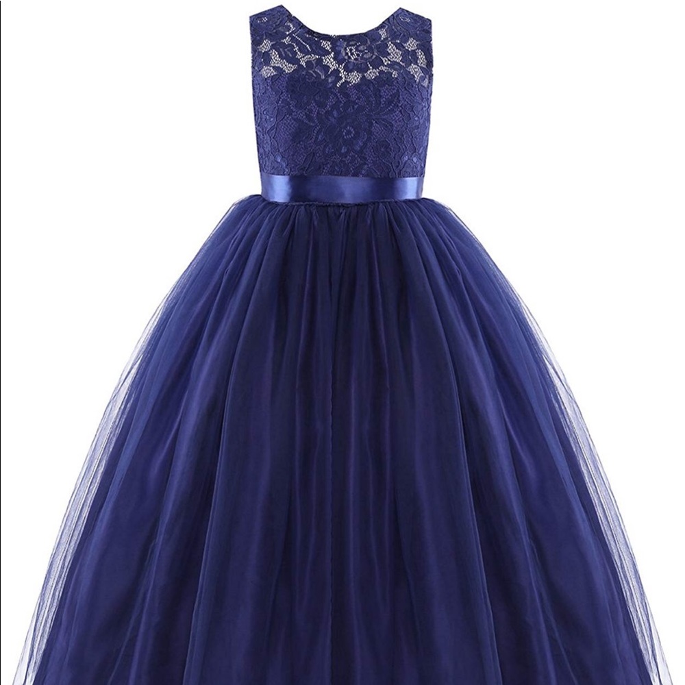 Girls navy blue lace and tulle long dress